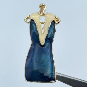 Vintage SFJ 1997 Blue Enamel Dress on Hanger Brooch Pin Gold Tone